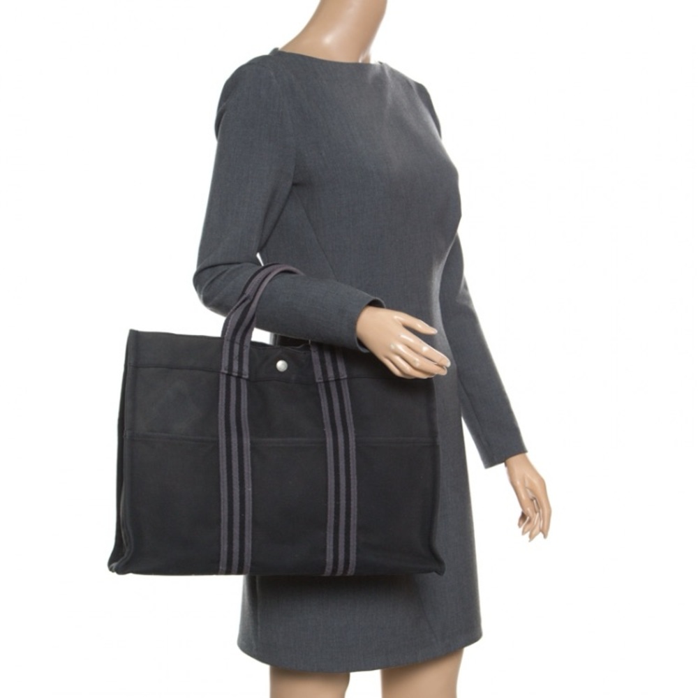 Hermes Large Canvas Fourre Tout Striped Cotton GM Shoulder Tote Bag Black Gray - Picture 16 of 16